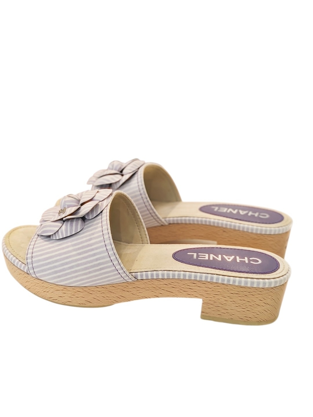 Chanel Viloet stripe Lambskin Leather Camellia Slide - Picture 2 of 11